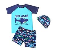 FedMois Costume da Bagno Tuta da Piscina Bambino Ragazzo, 3 Pezzi Completo Maglia + Pantaloncini + Cappellino, squalo, 3-4 Anni