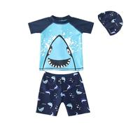 FedMois Costume da Bagno Tuta da Piscina Bambino Ragazzo, 3 Pezzi Completo Maglia + Pantaloncini + Cappellino, squalo Blu, 3-4 Anni