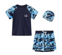 FedMois Costume da Bagno Tuta da Piscina Bambino Ragazzo, 3 Pezzi Completo Maglia + Pantaloncini con Scaldamuscoli integrati + Cappellino, Blu, 7-9 Anni