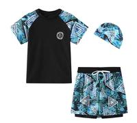 FedMois Costume da Bagno Tuta da Piscina Bambino Ragazzo, 3 Pezzi Completo Maglia + Pantaloncini con Scaldamuscoli integrati + Cappellino, Verde, 11-12 Anni