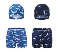 FedMois Costume da Bagno Tuta da Piscina Bambino Ragazzo Confezione da 4 Pezzi (2 Pantaloncini + 2 Cappellini), Squali e Pesci, 9-11 Anni