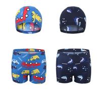 FedMois Costume da Bagno Tuta da Piscina Bambino Ragazzo Confezione da 4 Pezzi (2 Pantaloncini + 2 Cappellini), Squali e Automobili, 4-5 Anni
