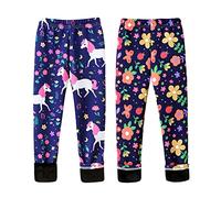 FedMois Leggins Pantaloni Felpati Collant Termici Invernali Bambina Ragazza Confezione da 2, Fiori e Unicorno, 3-4 Anni