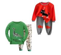 FedMois Set Pigiama a Lunghe Corte in Cotone Bambini, Confezione da 4 Pezzi, Gatto e Dinosauri, 3-4 Anni