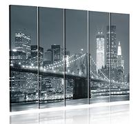 Feeby Frames, Grande Formato Quadro multipannello di 5 pannelli, Quadro su tela, Stampa artistica, Canvas XXL, Tipo C, 120x250 cm, PONTE, CITTÀ, NOTTE, NEW YORK, BROOKLYN BRIDGE, NERO E BIANCO