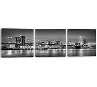 Feeby Frames, Quadro multipannello di 3 pannelli - Panoramico, Quadro su tela, Stampa artistica, Canvas 180x60 cm, PONTE DI BROOKLYN, NEW YORK, GRATTACIELI, EDIFICI, ARCHITETTURA, ACQUA, BIANCO E NERO