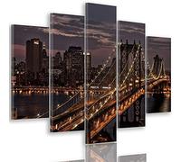 Feeby Frames, Quadro multipannello di 5 pannelli, Quadro su tela, Stampa artistica, Canvas Tipo A, 70x100 cm, NEW YORK, MANHATTAN, PANORAMA, PONTE DI BROOKLYN, MARRONE, ARANCIONE