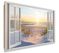 Feeby Quadro Decorativo XXL Vista dalla finestra Mare del Nord Mar Baltico Paesaggio 120x80 cm 1 parti Qualita Fotografica Stampa D'Arte Camera Da Letto Spiaggia Mare Sabbia Tramonto arancione