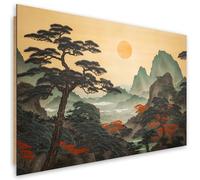 Feeby Quadro Giappone Oriente Paesaggio 120x80 cm 1 parte Stampa Murale Fotografia Decorazione da parete Immagini Moderni per Soggiorno Camera da Letto Ufficio Hotel Spa Montagne Sole Alberi giallo