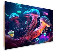 Feeby Quadro Medusa Neon Mare Oceano 60x40 cm 1 parte Stampa Murale Decorazione da parete Immagini Moderni per Soggiorno Camera da Letto Ufficio Corridoio Hotel Spa Acqua Natura Animale multicolore