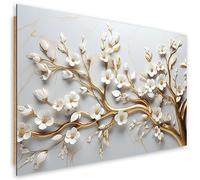 Feeby Quadro Oro Fiori 3D Botanici 90x60 cm 1 parte Stampa Murale Fotografia Decorazione da parete Immagini Moderni per Soggiorno Camera da Letto Ufficio Hotel Spa Piante Motivo floreale bianco
