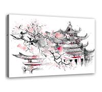 Feeby Quadro Tela Non Tessuta Ciliegio in fiore Pagoda Giappone 120x80 cm d' Arte Moderna Decorazione Murale Estetica Orientale Dell'est Asia grigio