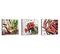 Feeby Quadro Tela Non Tessuta Cucina Sala da pranzo Mangiare 60x20 cm Qualita Fotografica Stampa D'Arte Camera Da Letto Peperoncino Olio d'oliva Spezie rosso