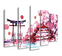 Feeby Stampa su Tela 200x100 cm Orientale Giappone Ciliegio Pagoda 5 parti Quadro Foto d'Arte Decorazione Murale Corridoio La pittura Fiume Edificio Asia rosa