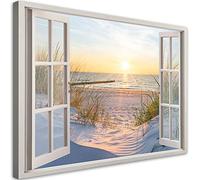 Feeby Stampa Tela Non Tessuta Vista dalla finestra Mare del Nord Paesaggio del Mar Baltico 90x60 cm 1 parti Foto Stampa Moderna Pronta Per Essere Appesa Spiaggia Mare Sabbia Tramonto arancione