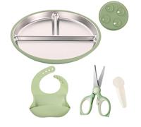 Feeding Set di stoviglie per bambini, piatti in acciaio inox con super ventosa e 100% silicone, set da pranzo 3 in 1, con bavaglini e forbici per alimenti senza BPA, lavabile in lavastoviglie per
