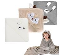 Feegela Asciugamano con cappuccio per bambini, confezione da 3 asciugamani per bambini con cappuccio, 80 x 80 cm, con cappuccio, morbido motivo animale, asciugamani in peluche corallo, (bianco, grigio