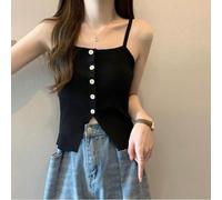 Feegow Canotta in maglia di poliestere per le donne senza maniche lunghezza | Scollo a spalle scoperte, accento con bottone singolo, silhouette sottile, trama a maglia, per una dichiarazione di moda alla