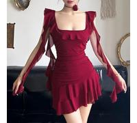 Feegow Colletto quadrato plissettato per mini abito senza maniche per Slim | Design con colletto quadrato, senza maniche, trama plissettata, per una silhouette aderente, colore rosso vibrante