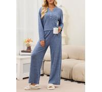 Feegow Donna per Solido Scollo a V Pulsante Loungewear Set Manica Lunga | Scollo a V con bottoni sul davanti, top a maniche lunghe, pantaloni abbinati, stile tinta unita, per una vestibilità comoda