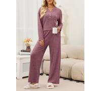 Feegow Donna per Solido Scollo a V Pulsante Loungewear Set Manica Lunga | Scollo a V con bottoni sul davanti, top a maniche lunghe, pantaloni abbinati, stile tinta unita, per una vestibilità comoda