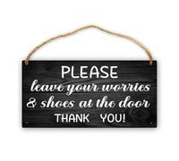 Feehiget Cartello artistico in legno con scritta in inglese "Please Leave Your Worries & Shoes At The Door Тhаnк You!", targa da parete stampata da appendere, decorazione per la casa o l'ufficio