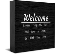 Feehiget Cartello decorativo in legno con scritta "Welcome Please Ring The Bell And Have A Seat Be With You Soon", decorazione per casa e ufficio, accessorio da scrivania in legno, 12,7 x 12,7 cm