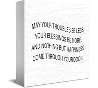 Feehiget Targa in legno con scritta "May Your Troubles Be Less. Your Blessings Be More. And Nothing But Happiness Come Through Your Door", decorazione da scrivania per casa e ufficio, decorazione per