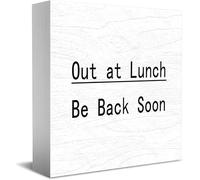 Feehiget Targa in legno con scritta "Out At Lunch Be Back Soon", decorazione da scrivania per casa e ufficio, decorazione per mensole da tavolo, 12,7 x 12,7 cm