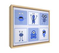 Feel Good Art eco-printed e incorniciato Nursery Tela con telaio in legno massiccio naturale (34 x 24 x 3 cm, piccola, colore: blu, Monsters)