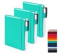 feela Confezione da 3 mini quaderni tascabili, piccoli e carini, con copertina rigida, a righe, con portapenne, per ufficio e scuola, con 3 penne nere, 8,9 x 14 cm, A6, verde acqua