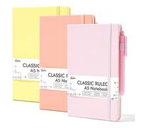 feela - Confezione da 3 quaderni A5 a righe, formato A5 (120 g/m²), copertina rigida, con 3 penne gel nere, 128 pagine/confezione, 21 x 13 cm, colori pastello, giallo pallido, rosa chiaro, arancione