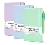 feela Confezione da 3 quaderni con copertina rigida da donna, a righe, stile classico, per scuola e lavoro, con 3 penne nere, 120 g/m², 13 x 21,1 cm, formato A5, colori pastello, azzurro, viola