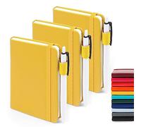 feela Confezione da 3 quaderni tascabili con 3 penne nere, formato A6, mini taccuino con copertina rigida, a righe universitarie, con portapenne, per ufficio e scuola, 8,9 x 14 cm, giallo