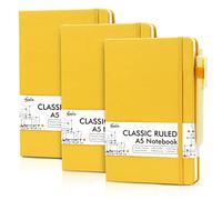 feela Confezione multipla di 3 quaderni A5 a righe A5 (120 g/m²), con copertina rigida, con 3 penne gel nere, per lavoro, studio, diario, prendere appunti, 128 pagine/confezione, 21 x 13 cm, giallo