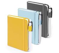 feela Mini taccuino tascabile, piccolo blocco note a righe universitario per ufficio e scuola, con 3 penne nere, 8,9 x 14 cm, confezione da 3, A6, tinta unita, grigio, giallo, azzurro