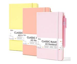 Feela - Set di 3 quaderni con copertina rigida per donne, set di diari classici a righe, per la scuola e l'ufficio, con 3 penne nere, 120 g/m², 13 x 21 cm, formato A5, colori pastello, giallo chiaro
