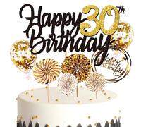 Feelairy Decorazione per Torta Compleanno 30 anni Donne Uomo, Cake Topper Happy 30th Birthday Oro Nero, Decorazioni Torta Compleanno Palloncino Coriandoli Forniture per Feste di 30 anni Compleanno