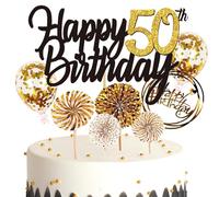 Feelairy Decorazioni per Torta Compleanno 50 anni, Decorazione Gatto Oro Nero, Palloncini Coriandoli, Forniture per Feste di 50 anni Compleanno