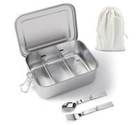 Feelhap Lunch Box in Acciaio Inox, 2400ML Bento Box Porta Merenda Porta Pranzo in Metallo con 2 Partizione Rimovibile, Contenitore Ermetico per Alimenti Scatola con Borsa, Forchetta e Cucchiaio
