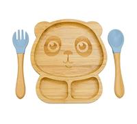 Feelhap Piatto per Bambini e Neonati con Ventosa, Svezzamento Guidato,Vassoio di Alimentazione Set Includi Forchetta e Cucchiaio (Panda Blu)