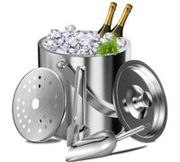 Feelhap Secchiello Ghiaccio in Acciaio Inox, Secchiello Ghiaccio 3L Acciaio Inox Doppia Parete Portaghiaccio con Manico Pinze Coperchio e Filtro, Bottiglie Raffreddamento Secchio Cestello Ghiaccio