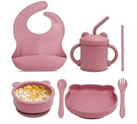 Feelhap Set Pappa per Bambini, Set Pappa Svezzamento Bambini 7 Pezzi, Set Svezzamento Silicone senza BPA, Piatto Ciotola Bambina con Ventosa Bavaglino Morbido Cucchiaio Forchetta Tazza, Rosa Orso