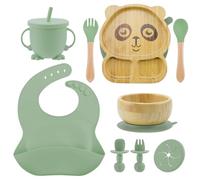 Feelhap Set Pappa Svezzamento,Set di Svezzamento per Bambini,9 PCS Posate per Bambini,Piatto a Ventosa,Ciotola a Ventosa,Forchetta,Cucchiaio, Bavaglino e Tazza con Cannuccia,Set Pappa senza BPA(Verde)