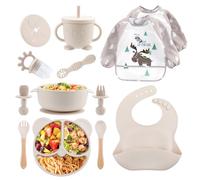 Feelhap Set Pappa Svezzamento,Set Pappa per Bambini 13 Pezzi,Silicone Piatto Svezzamento con Ventosa Ciotola Cucchiaio Forchetta Tazza Bavaglino Regalo Ciuccio Frutta,Set di Posate per Bambini(Beige)