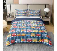 feelingyou 100% Cotone Bambini Treno L Dimensione Piumone Copertura 3 Pezzi Cartoni animati Rosso Blu Giallo Treni per Ragazzi Linee Blu Strisce Copertura Coperta, 2 Federe Senza Coperta