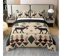 feelingyou Alce Animale 100% Cotone Piumone Set Rustico Fattoria Selvatica Stampa Coperta Set per Bambini Camera Da Letto Verde Pino Beige Natale Biancheria Da Letto Coperta L Dimensioni 3pcs