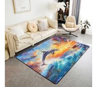feelingyou Bellissimo tappeto per soggiorno con delfino, 150 x 200 cm, acquerello, mare, retrò, barca a vela, decorazione per la camera da letto, per ragazzi e ragazze, bel tramonto nuvole, stampa