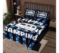 feelingyou Camo RV Camper Copriletto per bambini e ragazzi, Happy Camping Tema Coverlet Set Copripiumino Decorativo Camera Blu Camouflage Bandiera Americana Trapunta Rustica Set con 1 Cuscino Sham, S