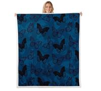 feelingyou Coperta in flanella blu retrò, stampa con farfalle nere, per camera da letto e soggiorno, in morbido pile, stile bohémien, decorazione per letto, divano, 101,6 x 127 cm